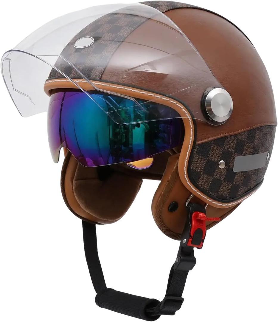 Leather Motorcycle Helmet Dual Visor 3/4 Open Face Motorcycle Helmet for Men & Women, DOT Approved Unisex Retro Half Helmet，Motorbike Casco for Moped Cruiser (Brown, L)
