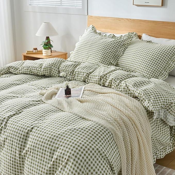 kisswish Gingham Duvet Cover Queen Size, 3 Pieces Soft Breathable Microfiber Plaid Comforter Cover with Zipper Closure & 2 Pillow Shams, Ruffle Farmhouse Vintage Decor, Sage Green
