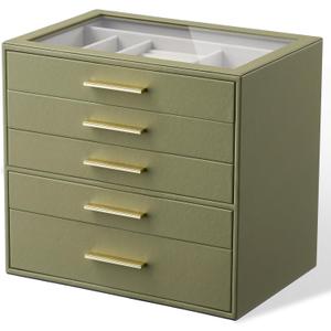 Jewelry Box Organizer Case for Women: 5-Layer Jewelry Storage Case with Glass Window, Olive Green Leather with Cream Velvet, Holder for Ring Necklace Bracelet Brooch Watch, Great Gift for Her