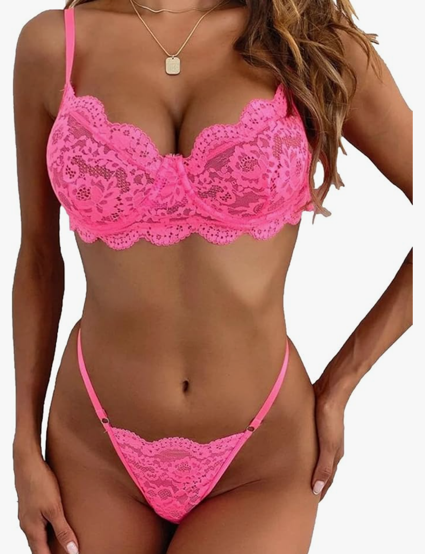 Lilosy Sexy Underwire Push Up Scallop Floral Lace Sheer Lingerie Set for Women Bra and Panty 2 Piece, XS