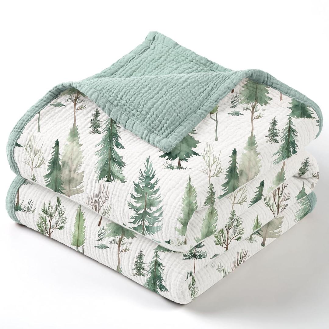 lulumoon Muslin Baby Blanket Neutral: Lightweight Cotton Blanket with Woodland - Ideal for Newborn to Toddler 47"x47" (Pine Forest)
