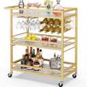Leteuke Bar Cart for Home, 3 Tier Gold Serving Rolling Carts with Wheels, Drink Cart, Liquor Stand with Marbled Wooden Shelves, Wine Rack and Glass Holder for Kitchen, Dining Room, 14.96 Inches X 35.43 Inches X 37.8 Inches