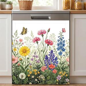 Wildflower Dishwasher Magnet Cover - Flower Butterfly Dishwasher Magnetic Cover Decorative Dish Washer Magnet Covers Refrigerator Sticker Fridge Front Panel Decal for Kitchen Decor 23x26 Inch