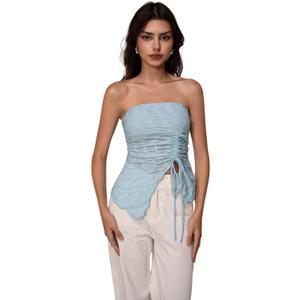 Women's Drawstring Split Strapless Tube Top Sheer Textured Sleeveless Bandeau Tops Going Out Shirts (Large)