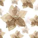 WILLBOND 36 Pieces Christmas Poinsettia Glitter Faux Flowers Christmas Artificial Flowers Tree Ornaments Topper Xmas Decorations(Champagne)