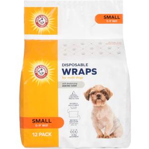 Arm & Hammer Small Male Dog Wraps, Disposable Belly Band Diapers with Baking Soda Odor Control, Super Absorbent Leak Resistant Design for Marking and Incontinence, 12-19 Inch Waist, 12 Count, Small
