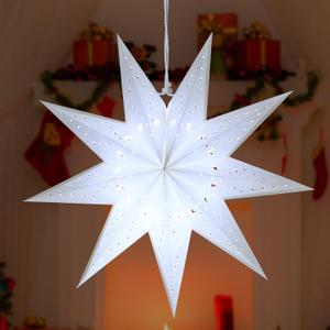 Kingdder 20 Inch Christmas Paper Star Lanterns Lampshade with White LED Light 9 Pointed Moroccan Hollow Out Stars Lantern Lamp Hanging Party Decor for Weddings Christmas Tree Birthday Party
