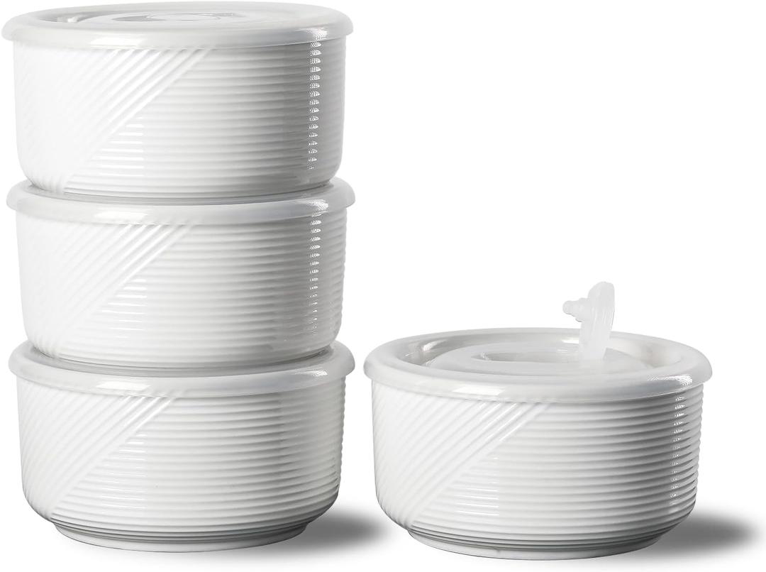 Ceramic Bowls with Lids: 20 oz Microwave Safe Food Storage Containers for Soup, Salad, Cereal, Leftovers, Meal Prep, Lunch, Picnic, Camping, Serving - Airtight, White, Set of 4 (White-4pcs)