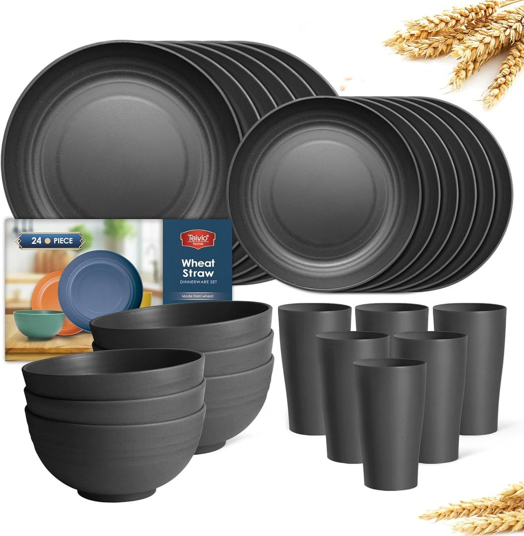 Teivio 24-Piece Kitchen Plastic Wheat Straw Dinnerware Set, Service for 6, Dinner Plates, Dessert Plate, Cereal Bowls, Cups, Unbreakable Plastic Outdoor Camping Dishes, Black
