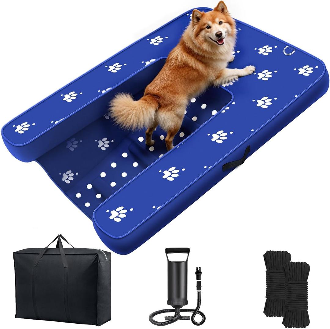 Inflatable Dock Platform, Dog Boat Ramp Floating Non-Slip Oxford and PVC with Lagre Water Ramp for Dogs Pool, Dock, Lake with Traction Rope, Manual Air Pump (4.7ft x 3.1ft x 6in) L03