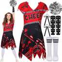 Mepase 7 Pcs Halloween Cheerleader Costume Zombie Cheerleader Dress Pom Poms Hair Bows Gloves Striped Socks for Women Girls (Adult, Medium)