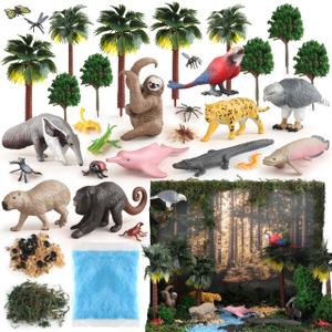 37 PCS Rainforest Animals Figures Toys Set, Rainforest Diorama Supplies Include Jungle Animal Figurines,Trees, Moss, Sand, Stones for Kids Historical Education School Project Decoration Birthday