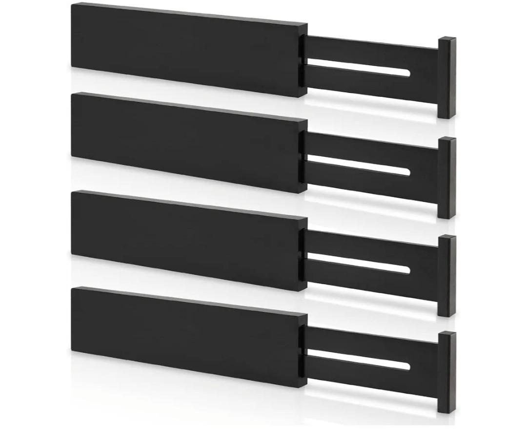 4 Pack Bamboo Kitchen Drawer Dividers 2.6" High, Adjustable from 12 Inch to 17 Inch Drawer Organizers, Expandable Drawer Separators for Clothes, Bedroom, Dresser, Office (Black)