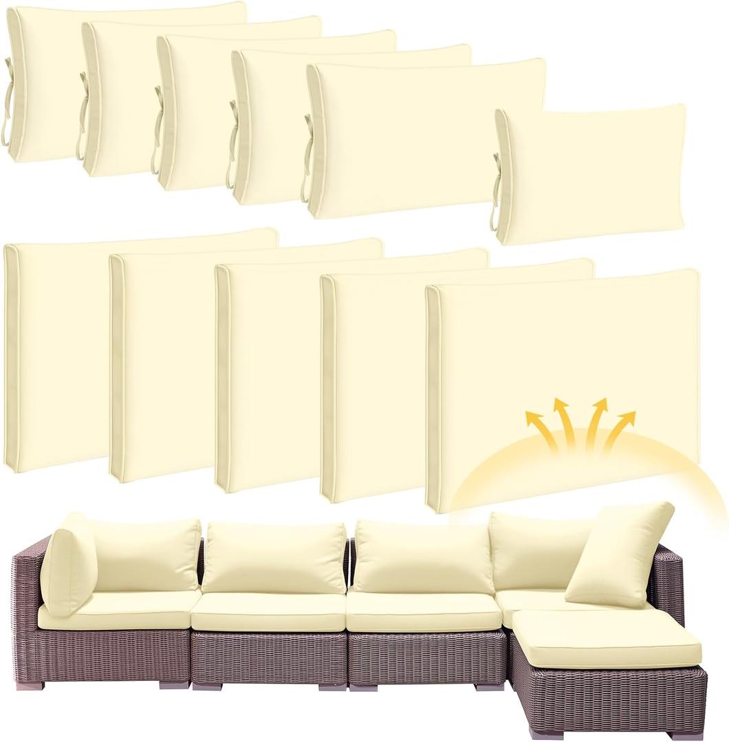 Patelai 11 Pcs Waterproof Patio Cushion Covers for Outdoor Sectional Furniture Wicker Rattan Patio Sofa Couch Chair Seat Pillow Slipcovers, 3 Sizes Covers Only (25.4 x 25.4X 3.54,Beige)