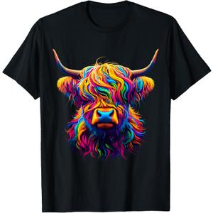 Colorful Highland Cow T-Shirt (Gray, M)
