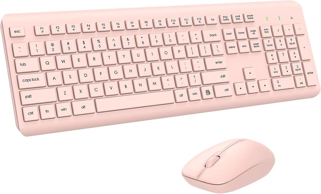 Wireless Keyboard and Mouse Combo, Full Size Silent Ergonomic Keyboard and Mouse, Long Battery Life, Optical Mouse, 2.4G Lag-Free Cordless Mice Keyboard for Computer, Mac, Laptop, PC, Windows(Pink)