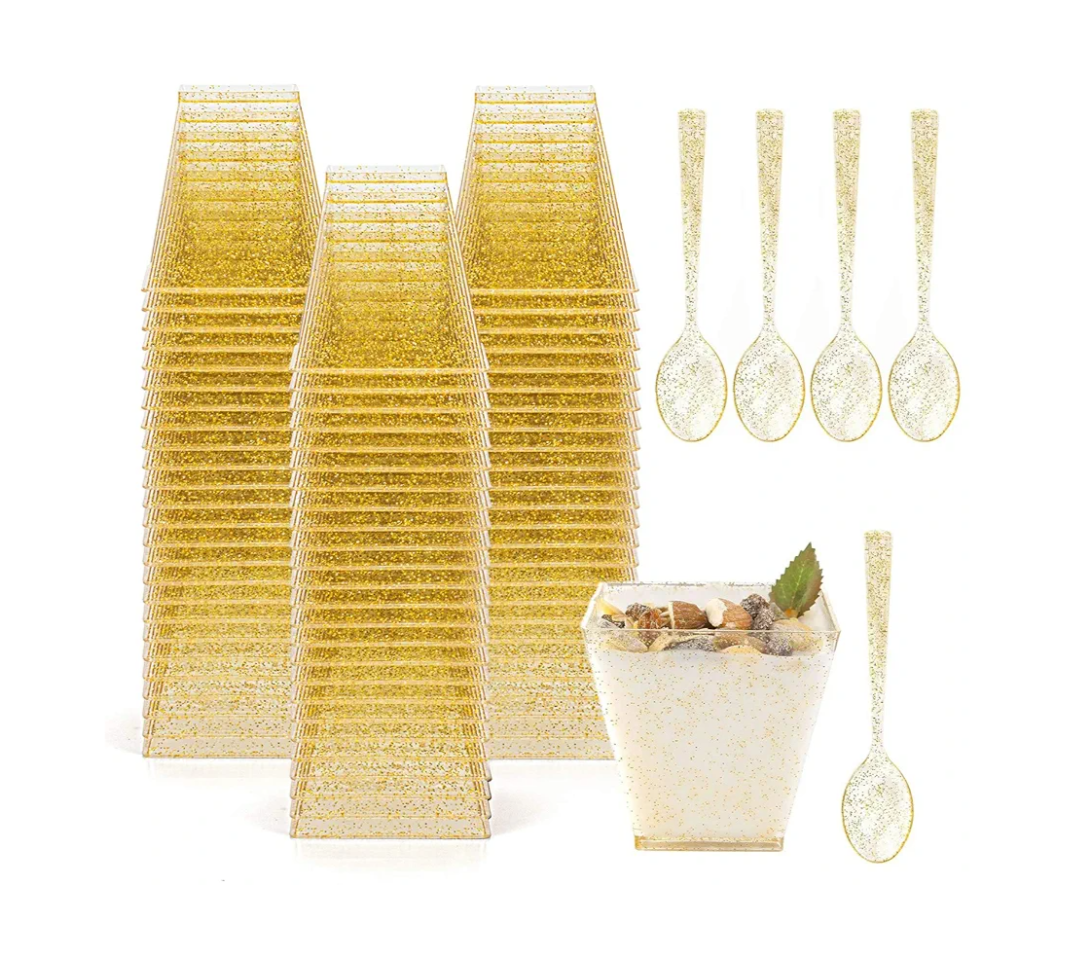 Blue Panda 200 Pack Gold Glitter Square Desert With Spoons, 100 Disposable Mini Dessert Shooter Cups With 100 Spoons For Party Events, Appetizers, Tasting Party, Snacks Parfait ( 2 OZ )