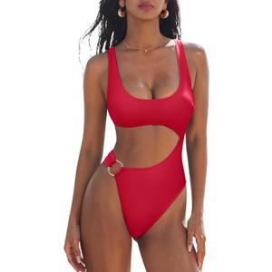 SUUKSESS Women Sexy One Piece Tummy Control Swimsuit Cutout Backless Bathing Suit (Medium, Red)