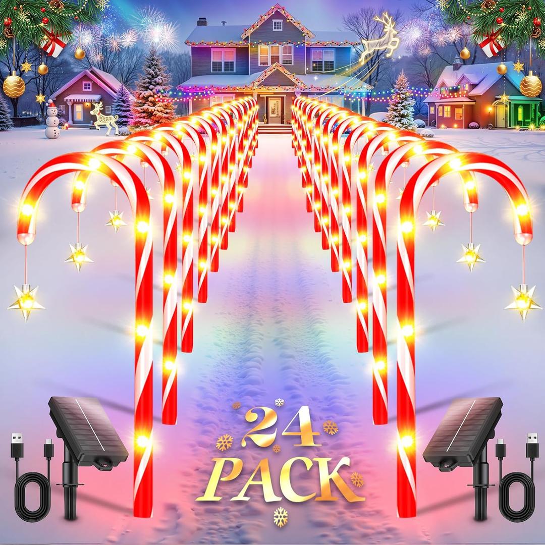 E-Kong 24 Pack Solar Candy Cane Lights Outdoor Christmas Decorations, 10 Modes, 12 Hours Bright Lighting Christmas Decorations Outdoor, Solar Pathway Lights Waterproof for Yard Patio Garden