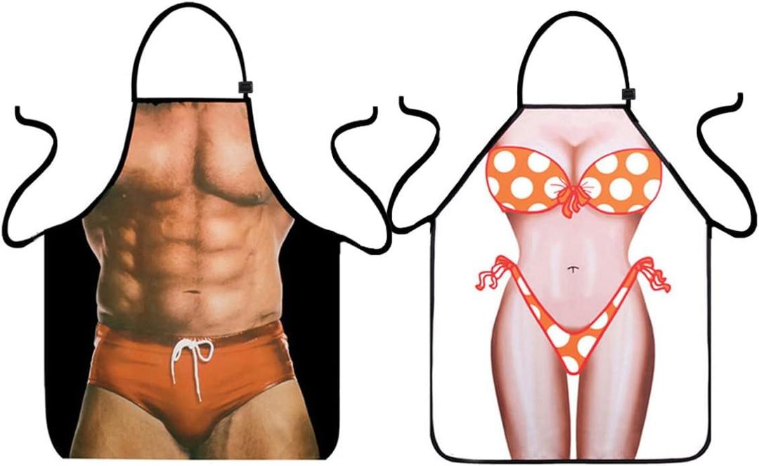 VIPbuy Set of 2 Pcs Anime Cartoon Hero Character Aprons, Funny Sexy Kitchen Aprons for Couples Novelty Gifts (Naked Man + Bikini Girl)