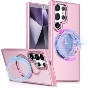 for Samsung Galaxy S24 Ultra Case, [Compatible with Magsafe][Built in Stand & Rotating Ring Holder] MIL-Grade Dual Layer Shockproof, Full Protective Case for Galaxy S24 Ultra-Pink