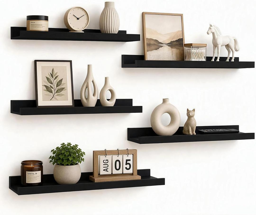 24inch Long Floating Shelves for Wall Decor, 5-Set Shelves with Lip, Black