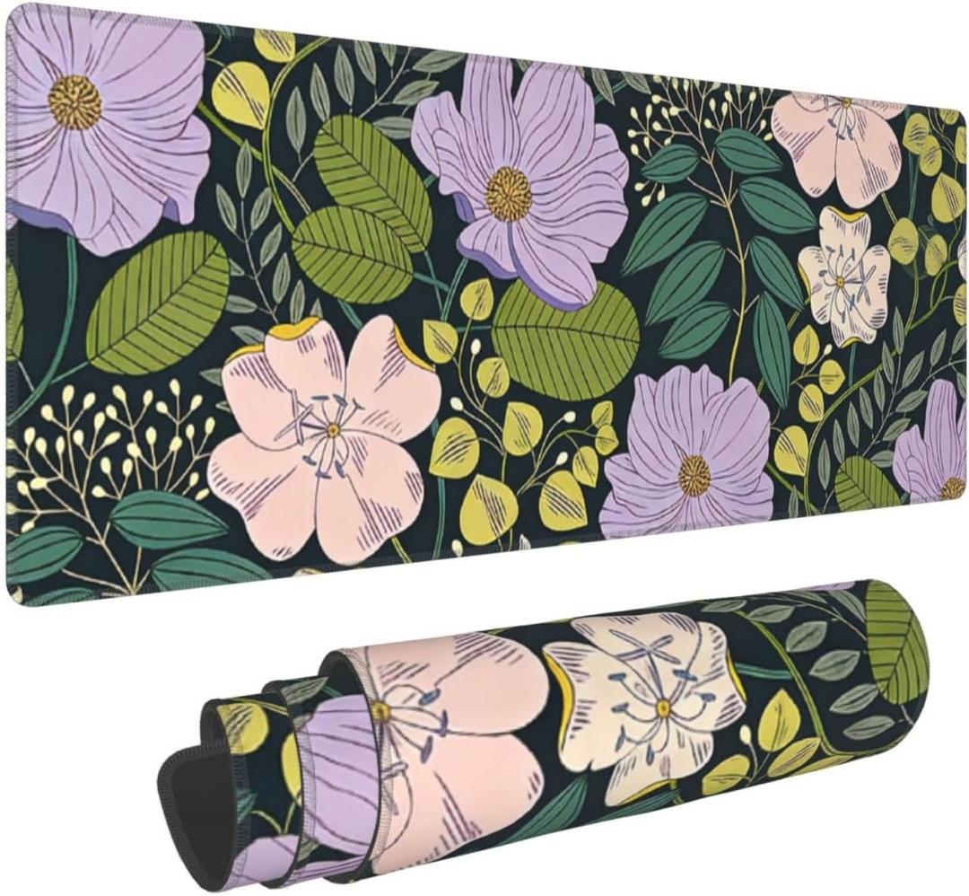 XL Olive Floral Large Gaming Mouse Pad, Long Extended Full Flower Mouse Mat Desk Pad for Top Keyboard Table, Aesthetic Cute Big Stitched Mousepad Gifts for Women Office Decor(Green, 31.5 * 11.8 in)