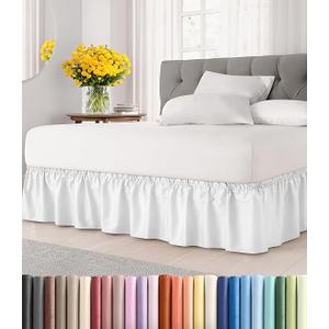 Wrap Around Dust Ruffle Bed Skirt - White - for Full Size Beds with 12 Inch Drop - Easy Fit Elastic Strap - Adjustable Pleated Bedskirt w/Brushed Fabric - Wrinkle Free - for Women, Men, Kids & Teens