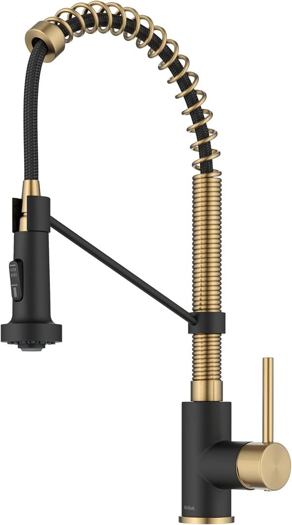 KRAUS Brushed Brass Matte Black Pull Down Kitchen Faucet KPF-1610BBMB
Two-tone mixed metal finish, heavy-duty metal body, ceramic cartridge, durable nylon water lines, ADA-compliant