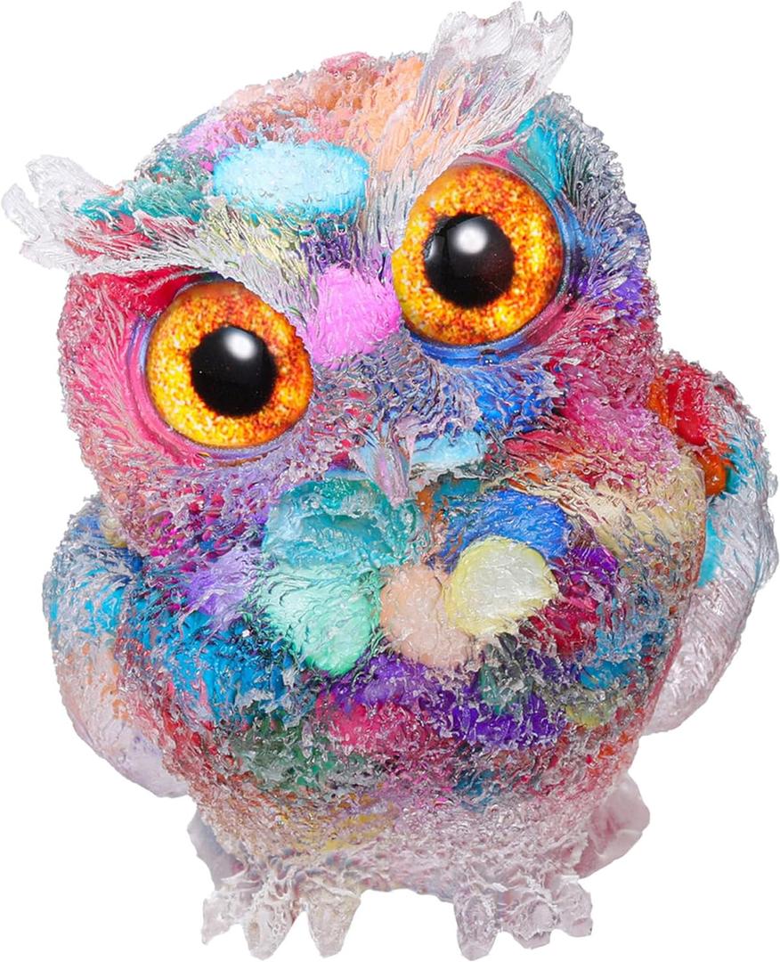 Jovivi 2.5" Rainbow Shell Crystal Owl Statue Carved Resin Reiki Healing Crystal Pocket Stone Sculpture Gemstone Animal Owl Figurines Ornament Cute Room Office Decor Gifts