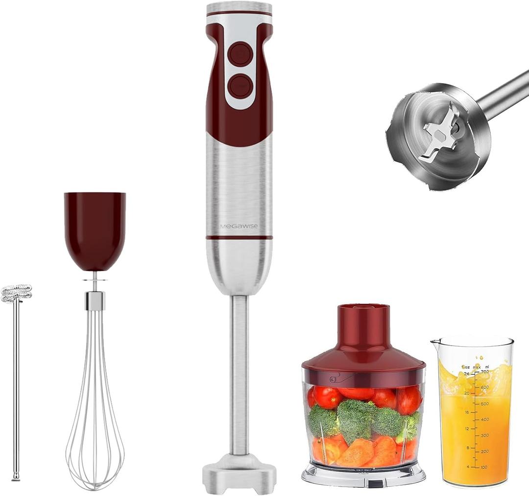 MegaWise 5-in-1 Immersion Hand Blender Set with Variable Speed, 400W, Stainless Steel - Includes Chopper, Whisk, Milk Frother, and Beaker - Ideal for Soups, Smoothies, Baby Food & More (RED)