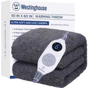 Westinghouse Electric Blanket Throw Size, Soft Plush Sherpa Heated Blanket with 6 Heating Levels & 2-10 Hours Auto-Off, Machine Washable, 50x60 inches, Darkgrey