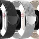 BELONGME 3 Pack Mesh Loop Compatible with Apple Watch Band Women Men 38mm 40mm 41mm 42mm 44mm 45mm 49mm Series Ultra SE 9 8 7 6 5 4 3 2 1, Stainless Steel Metal Strap Magnetic Clasp for iWatch Bands (Black+Silver+Starlight)