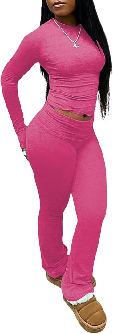 Women's 2 Piece Lounge Sets Crop High Wasit Foldover Flare Leggings Pants Casual Workout Outfits Tracksuit (XX-Large)