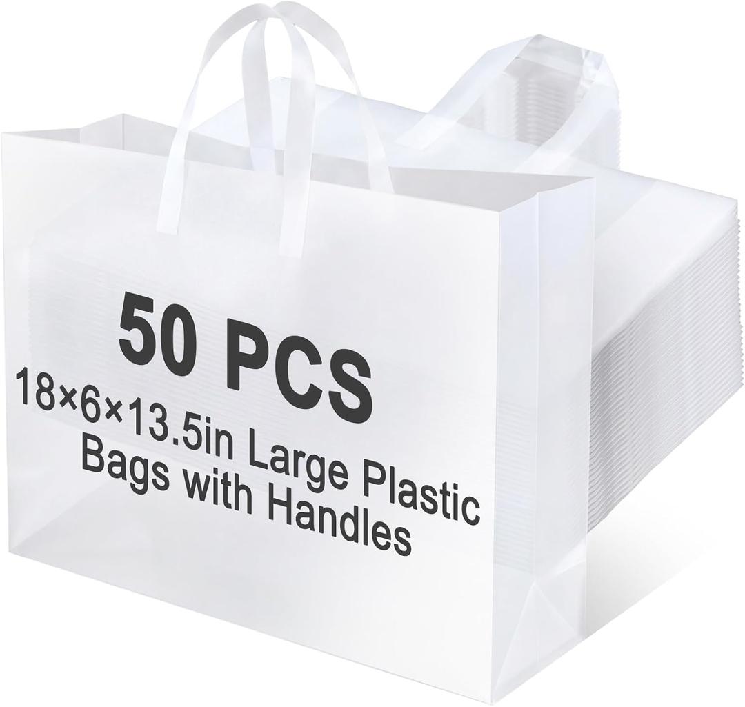 Klyyo Clyro 50 Pack 18  6  13.5 Inch Frosted Plastic Gift Bags with Handle Large Reusable Frosted Plastic Shopping Bags for Small Business, Boutiques, Retail, Wedding Party Favors (White Clear)