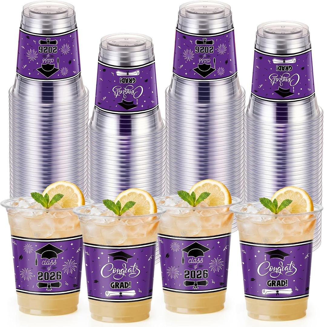 Honeydak 50 Pcs Graduation Cups 12 oz Class of 2026 Plastic Cups Purple and Black Graduation Party Disposable Drinking Glasses for Congrats Grad School Classroom Party Favors Supplies Decoration