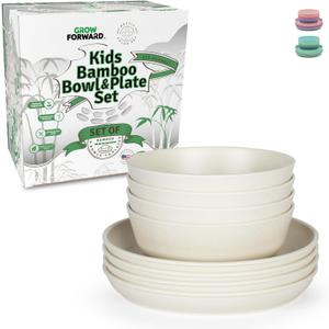 Grow Forward Bamboo Kids Plates and Bowls Sets - 8-Piece Dishwasher Safe Non Toxic Plates for Kids - Reusable Eco Friendly BPA Free Dishes Dinnerware Sets for Children - Arctic