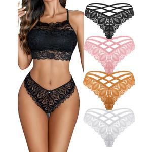 Avidlove Sexy Cheeky Panties for Women Lace Criss Cross Bikini Underwear 1-4 Pack (XX-Large, Black/White/Light Brown/Pink)
