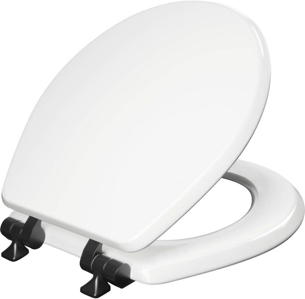 Mayfair Bennett Toilet Seat with Matte Black Hinges, Slow Close Wood Seat, Secure Metal Hinges, Easy Install, Made in USA, Round, White