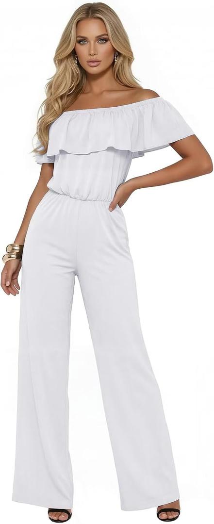 Hybrid & Company Women's Lightweight Off Shoulder Jumpsuit Stretchy Wide Leg Romper Casual to Formal One Piece Outfit, Medium