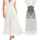 Popilush Wedding Dresses for Bride Lace Sleeveless V Neck Maxi Shapewear Cocktail Dress Split Beach Bride Dresses White,  L