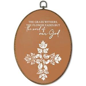 AEHIE Vintage Christian Fall Leaves Oval Wall Art Decor, Christian Fall Decor, Thanksgiving Maple Leaf Fall Cross Scripture Oval Wall Art for Home Bedroom Living Room, 11x8.5 Inch