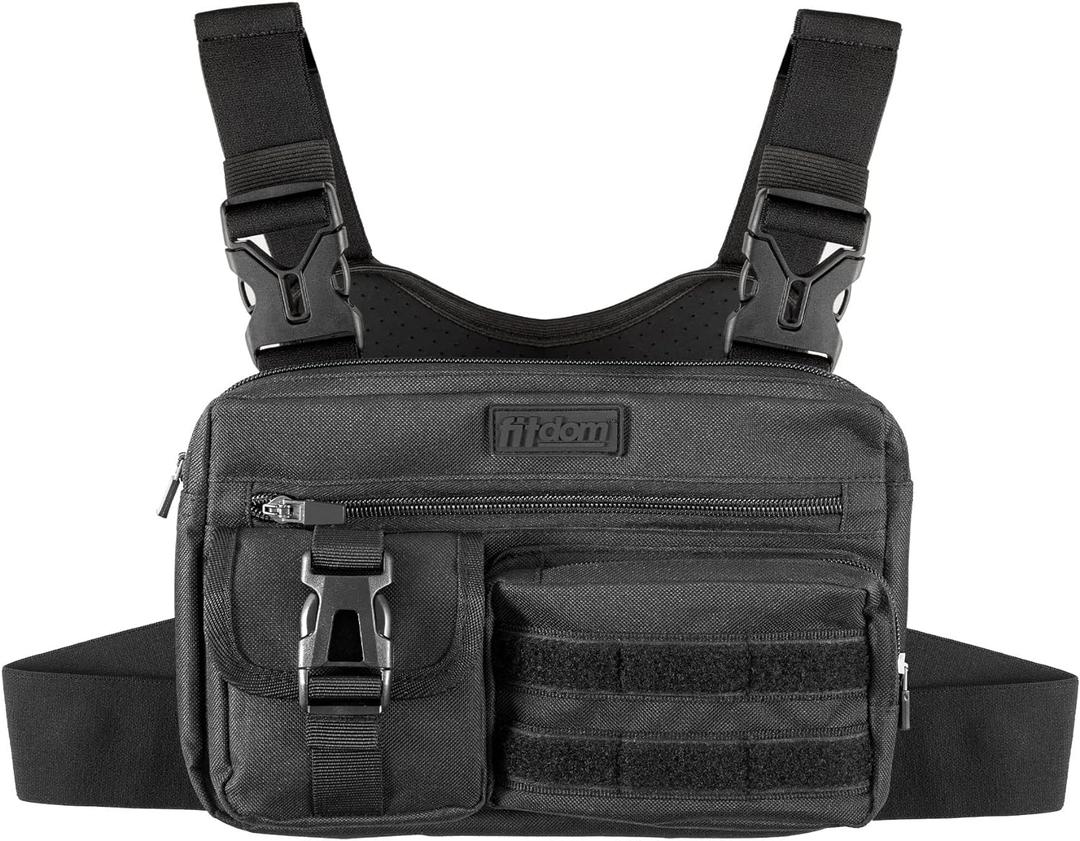 Fitdom Tactical Inspired Lightweight Running Chest Pack For Men With Built-In Phone Holder. A Sports Utility Rig Vest Made For Workouts And Outdoor