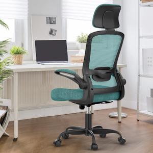 Ergonomic Mesh Office Chair for Long Hours & Back Pain Relief  Adjustable Lumbar Support & Headrest, High-Density Foam Cushion, Flip-Up Armrests, Perfect for Work & Study (English, Green)