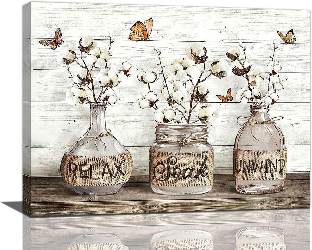Tijuboni Farmhouse Bathroom Decor Wall Art Rustic Cotton Flower Pictures Canvas Prints Country Relax Soak Unwind Bathroom Sign Butterfly Artwork Modern Home Decor Ready to Hang 12"x16"