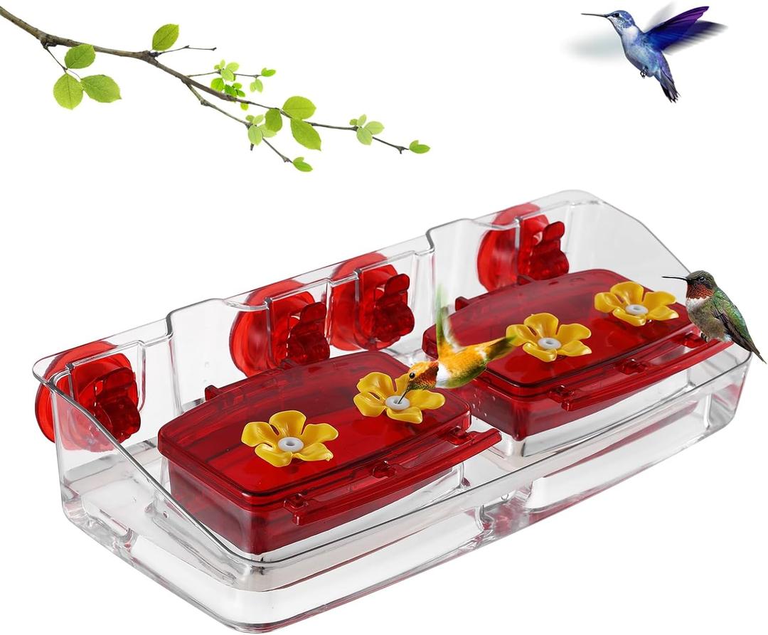 Window Hummingbird Feeder with Strong Suction Cups, 2 Feeding Boxes 16 Oz Capacity 4 Feeding Ports, Perfect Ant Moat for Hummingbird Watching Outside The Window.Red