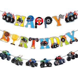 Monster Truck Birthday Banner Trucks Off-road Vehicles Banner Cars Trucks Hanging Paper Sign Cars Theme Party Supplies Monster Truck Party Decorations for Kids Adults Racing Themed Accessories Supplies