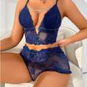 SOLY HUX Women's Sheer Lace Pajamas Lingerie Set Cami Tops and Shorts Sleepwear (Blue, L)