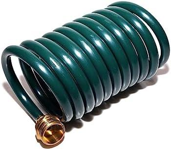 FUNJEE Lightweight EVA Coil 15 ft Garden Hose with 1/2" GHT Solid Brass Fittings, Water Hose with Brass Connectors (15FT, Green)