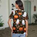 Women Halloween Shirt Funny Pumpkin Face Graphic Tees Autumn Casual V-Neck Fall Short Sleeve Loose Tops (Medium, Black)